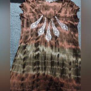 🎈5/$15 Bundle 🎈Brown Tie-Dye Feather Print Women's Top By Society